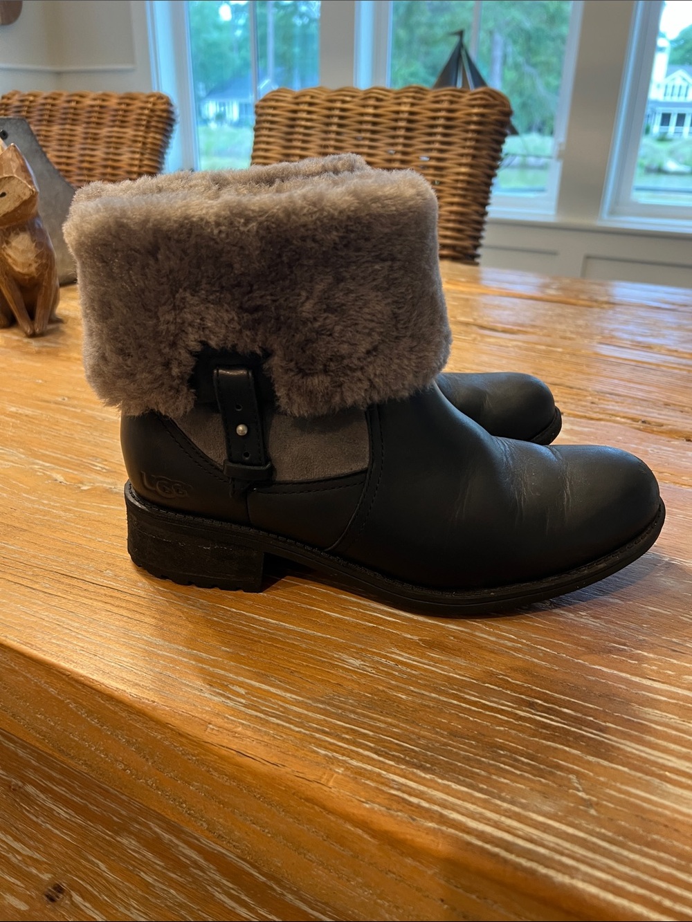 UGG Black Leather Ankle Boots with Gray Shearling Cuff
